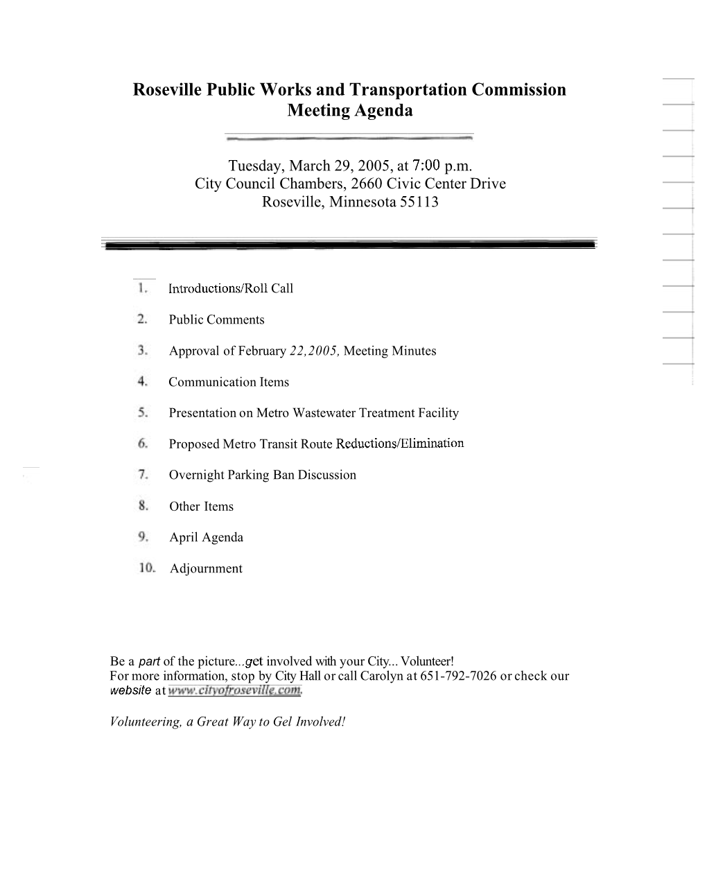 Roseville Public Works and Transportation Commission Meeting Agenda