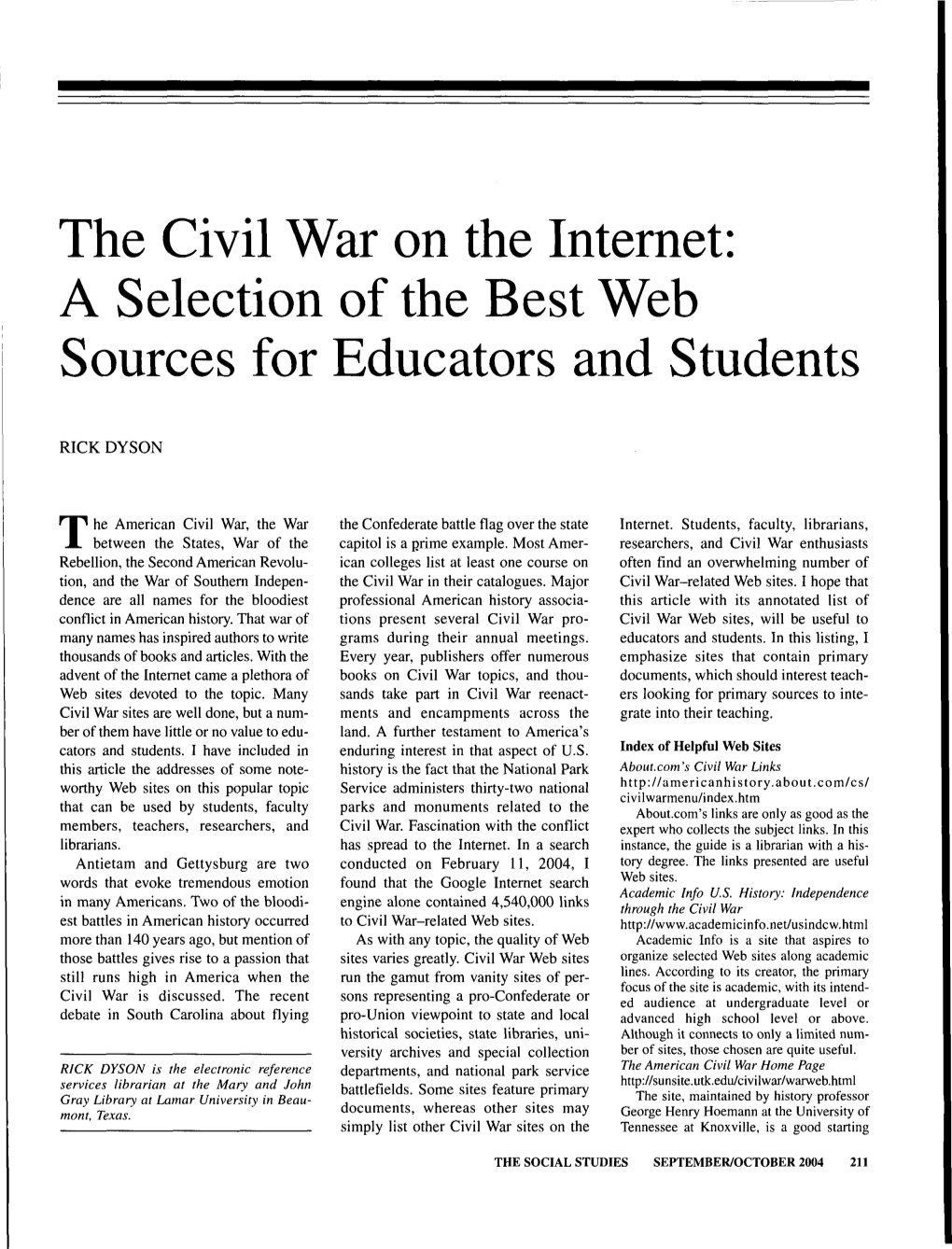 The Civil War on the Internet: a Selection of the Best Web Sources for Educators and Students