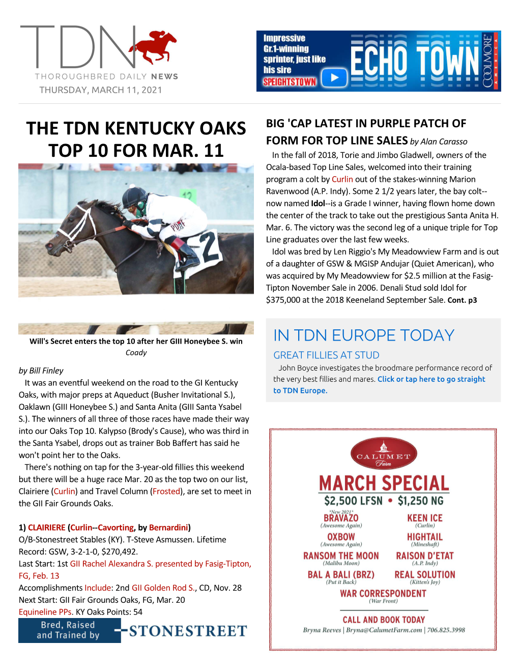 The Tdn Kentucky Oaks Top 10 for Mar. 11