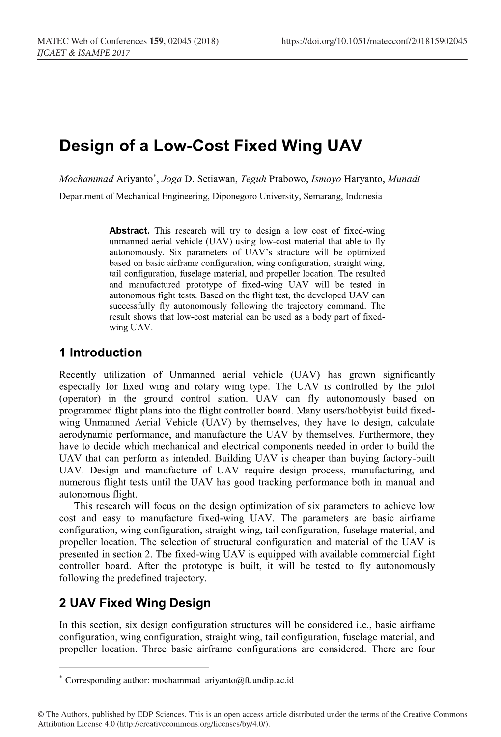 Design of a Low-Cost Fixed Wing UAV �