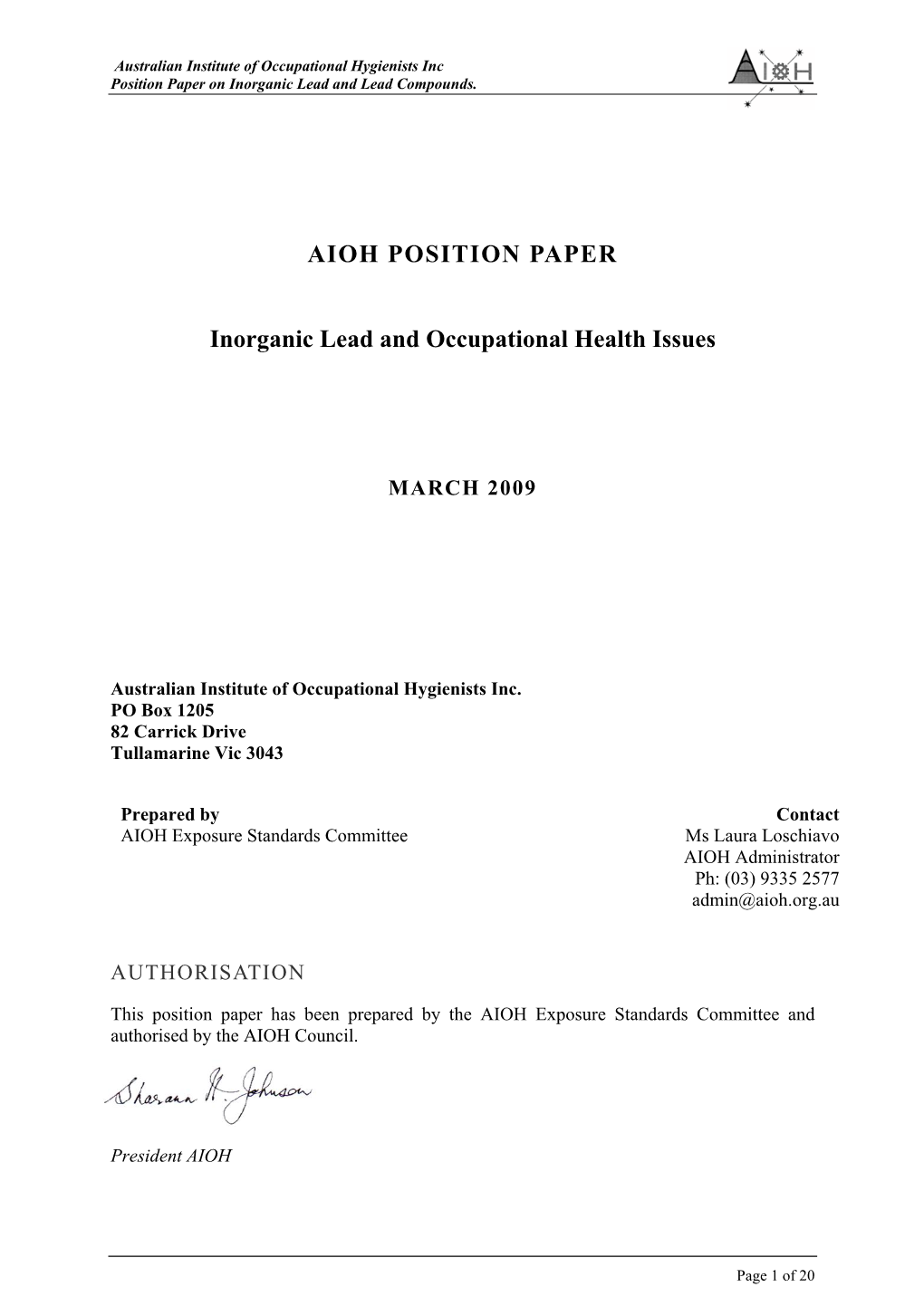 AIOH POSITION PAPER Inorganic Lead and Occupational Health Issues