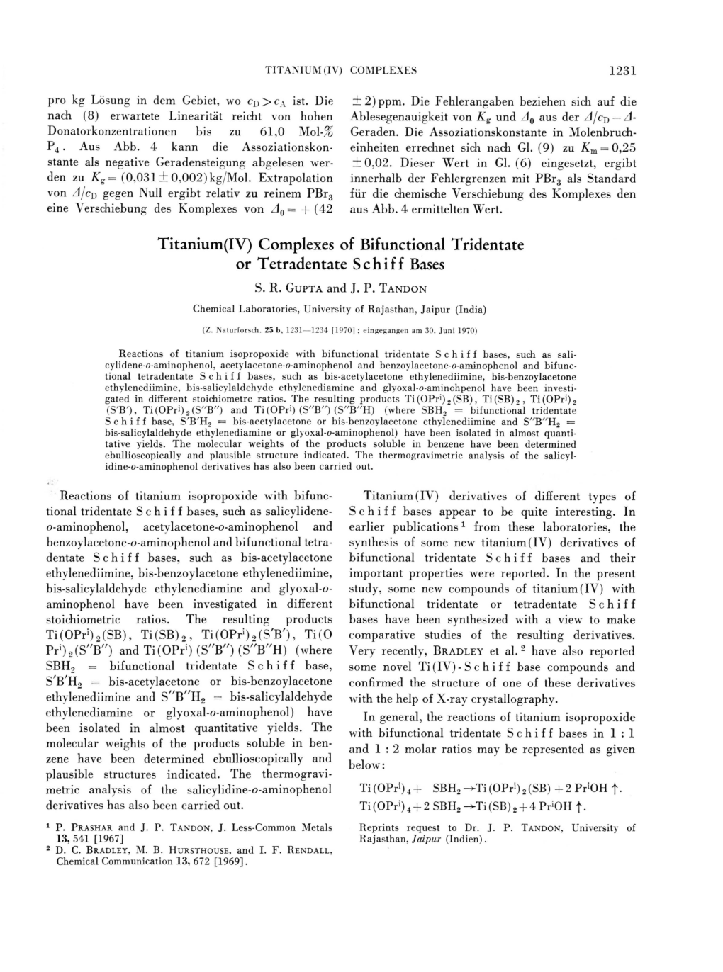 Titanium(IV) Complexes of Bifunctional Tridentate Or Tetradentate Schiff Bases