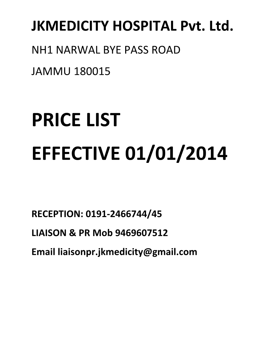 Price List Effective 01/01/2014