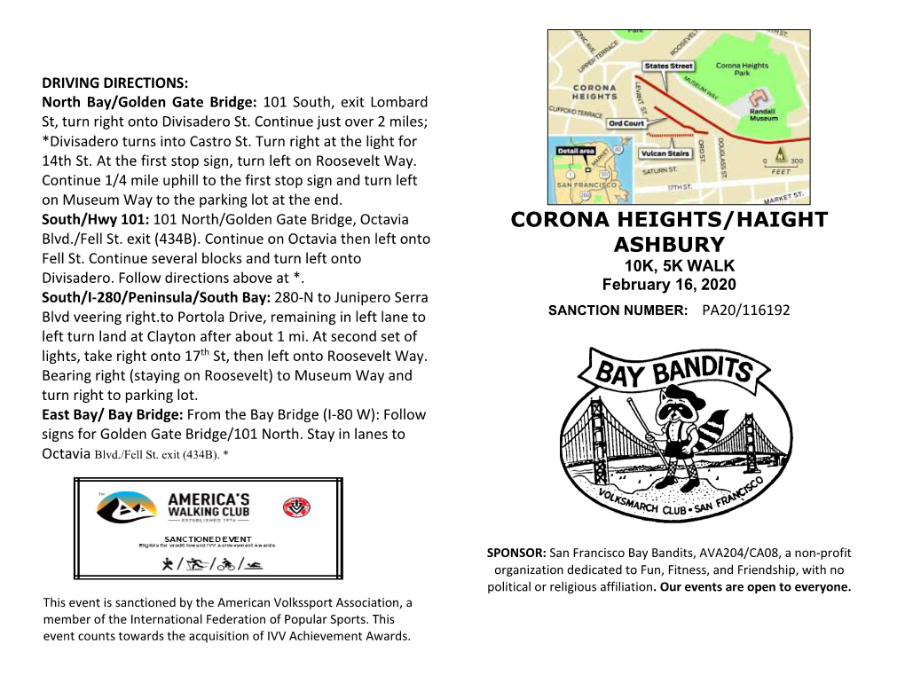 CORONA HEIGHTS/HAIGHT ASHBURY 10K/5K Walk DISCLAIMER: All Participants Must Sign a Waiver