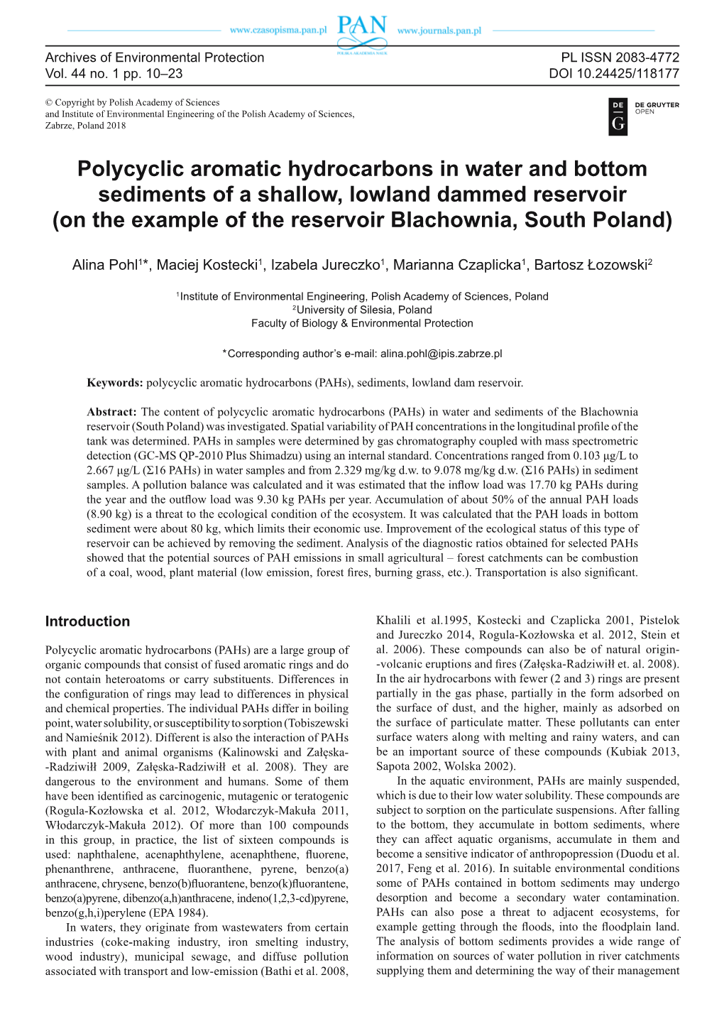Polycyclic Aromatic Hydrocarbons in Water and Bottom Sediments of a Shallow, Lowland Dammed Reservoir (On the Example of the Reservoir Blachownia, South Poland)