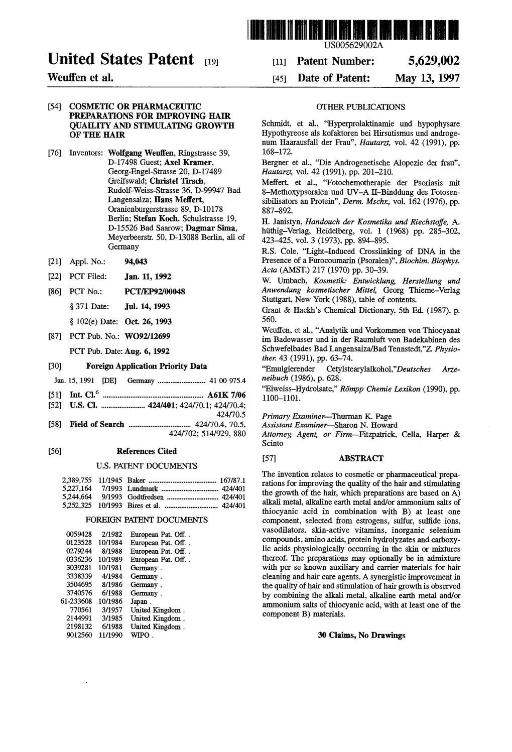 United States Patent 19 11 Patent Number: 5,629,002 Weufen Et Al