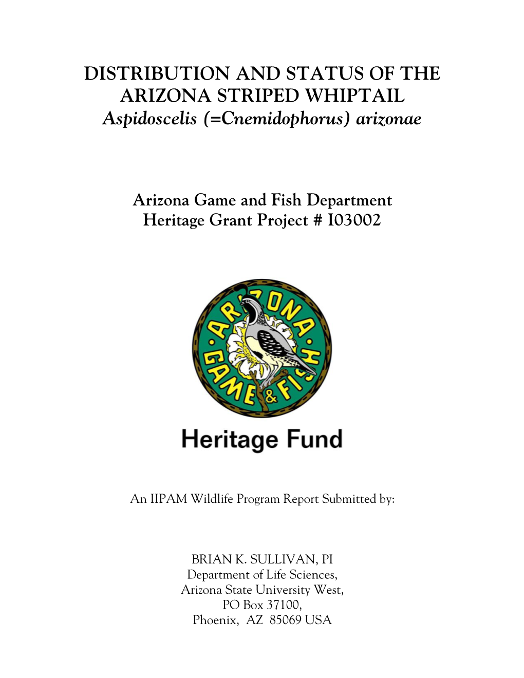 DISTRIBUTION and STATUS of the ARIZONA STRIPED WHIPTAIL Aspidoscelis (=Cnemidophorus) Arizonae