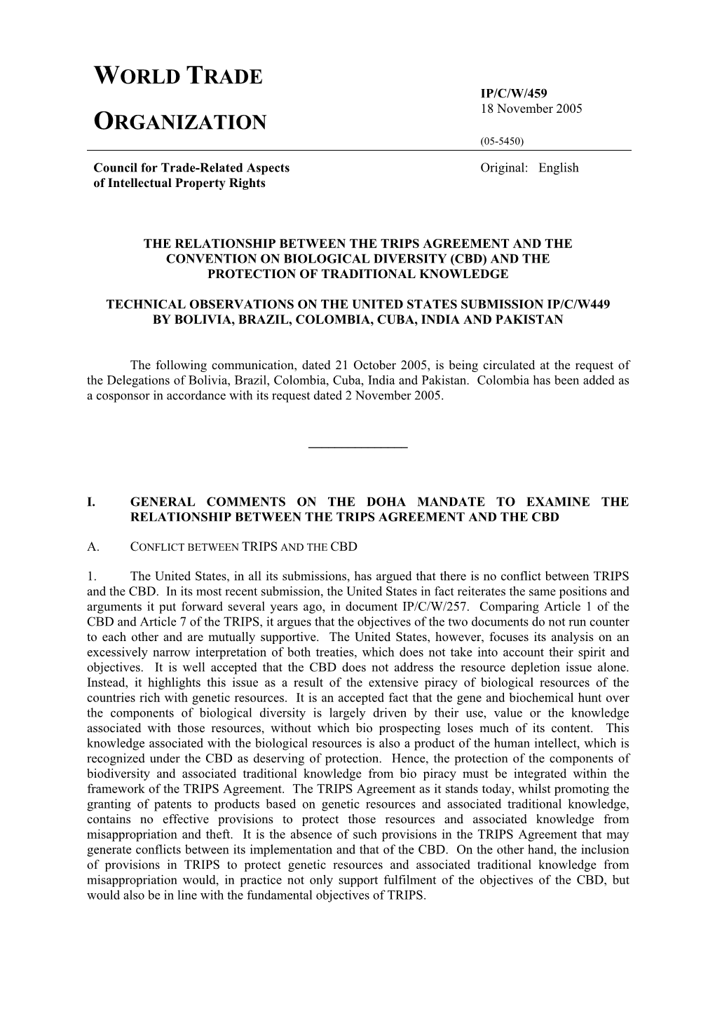 IP/C/W/459 18 November 2005 ORGANIZATION (05-5450) Council for Trade-Related Aspects Original: English of Intellectual Property Rights