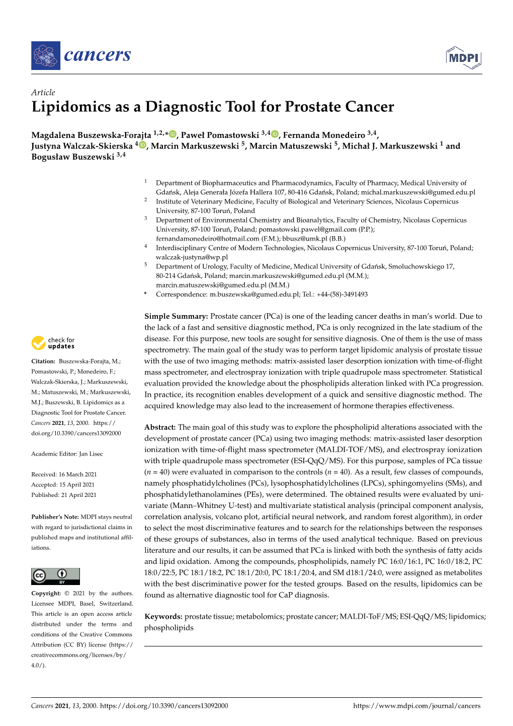 Lipidomics As a Diagnostic Tool for Prostate Cancer