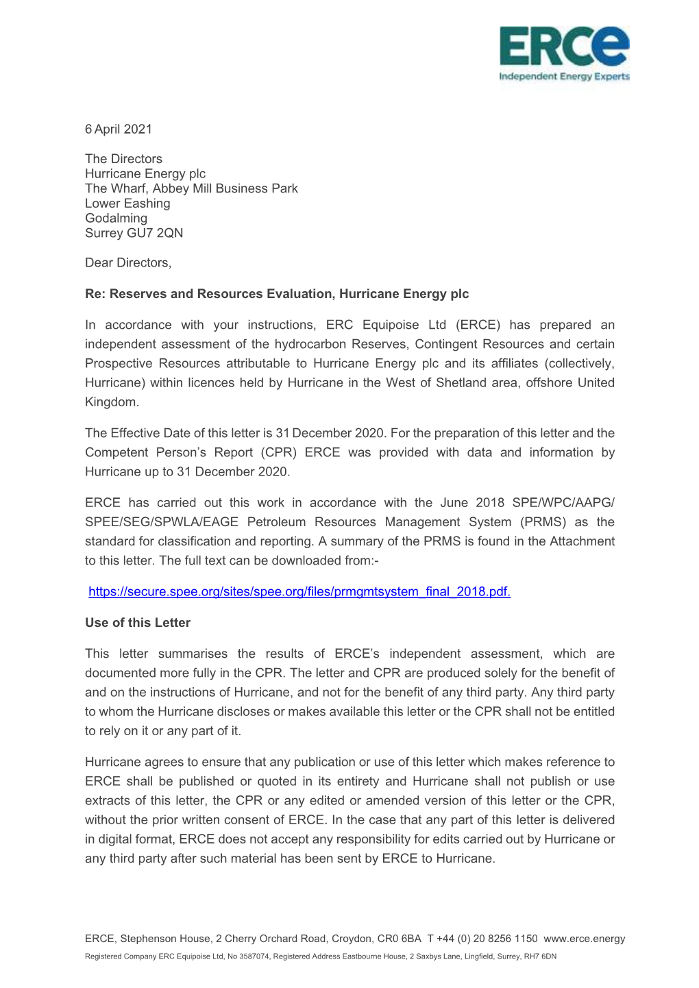 Evaluation of the Reserves and Resources of Hurricane Energy Plc