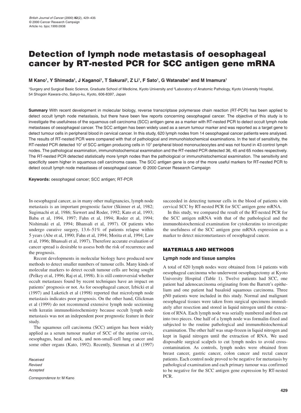 Detection of Lymph Node Metastasis of Oesophageal Cancer by RT-Nested