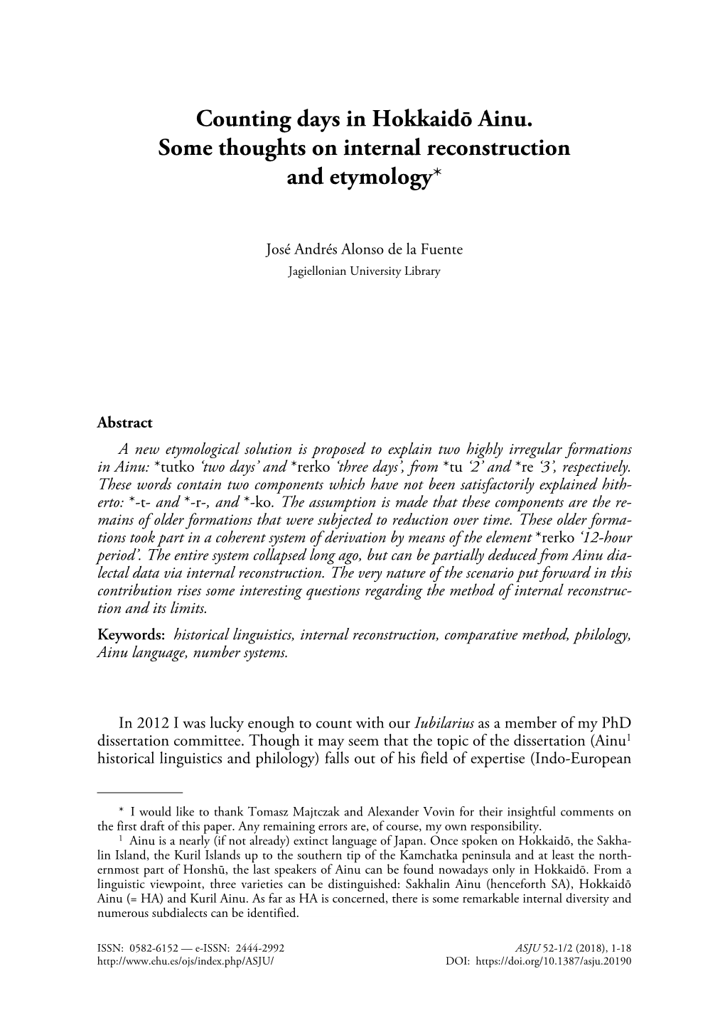 Counting Days in Hokkaidō Ainu. Some Thoughts on Internal Reconstruction and Etymology*