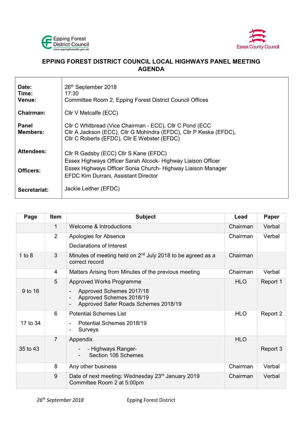 Epping Forest District Council Local Highways Panel Meeting Agenda