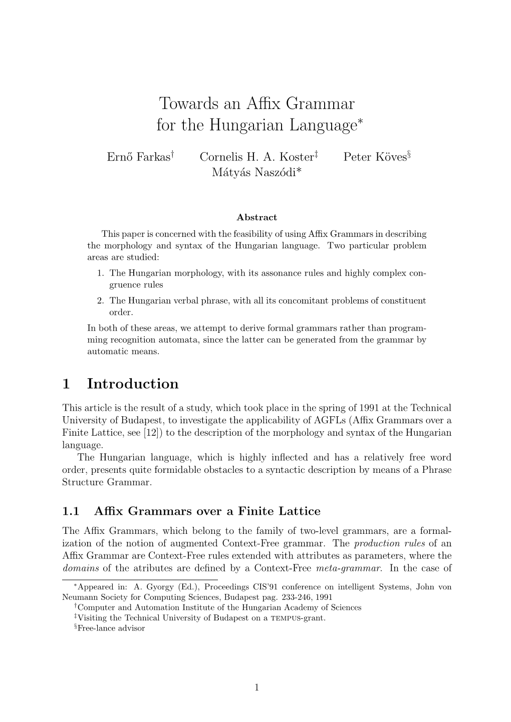Towards an Affix Grammar for the Hungarian Language