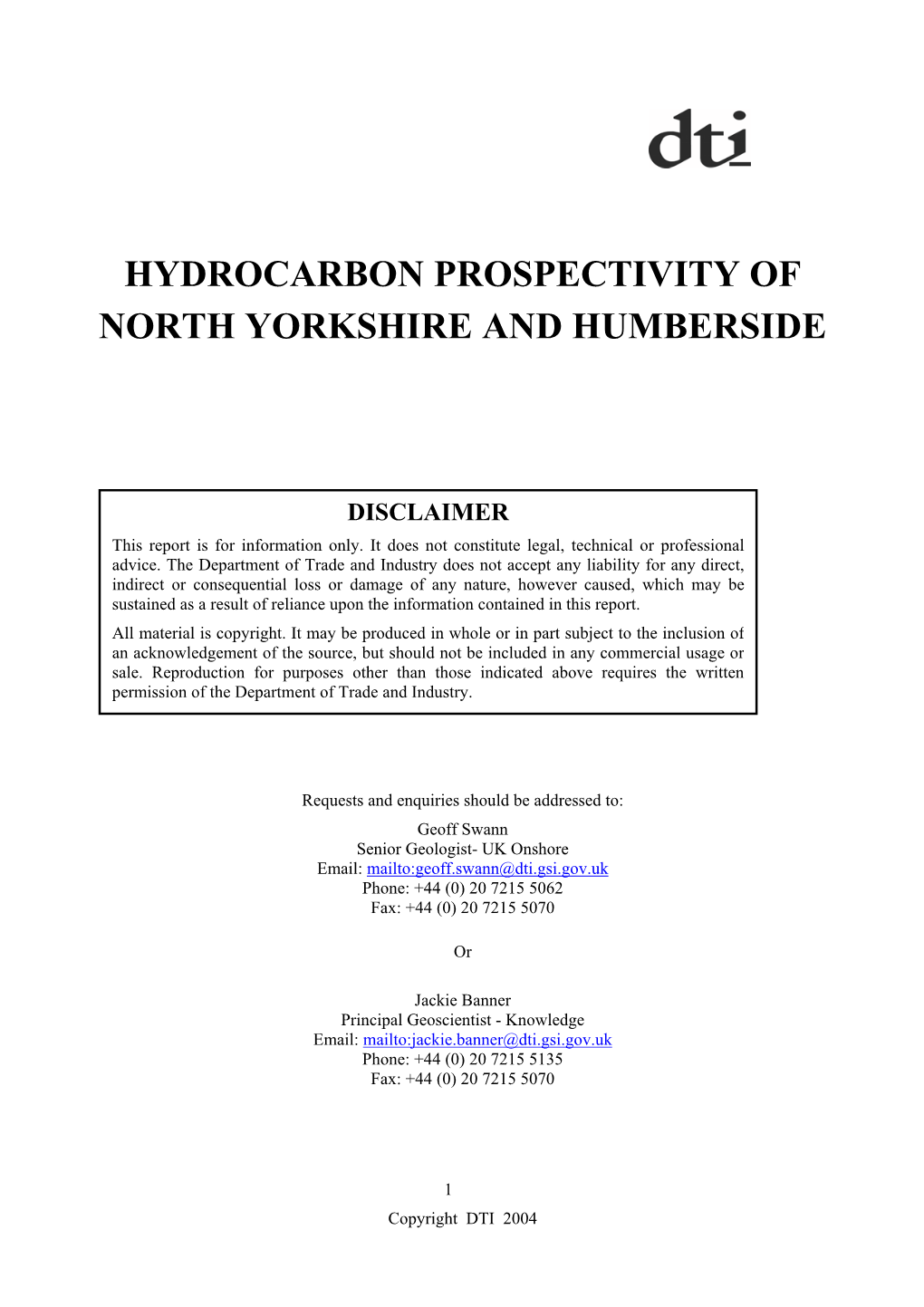 Hydrocarbon Prospectivity of North Yorkshire and Humberside