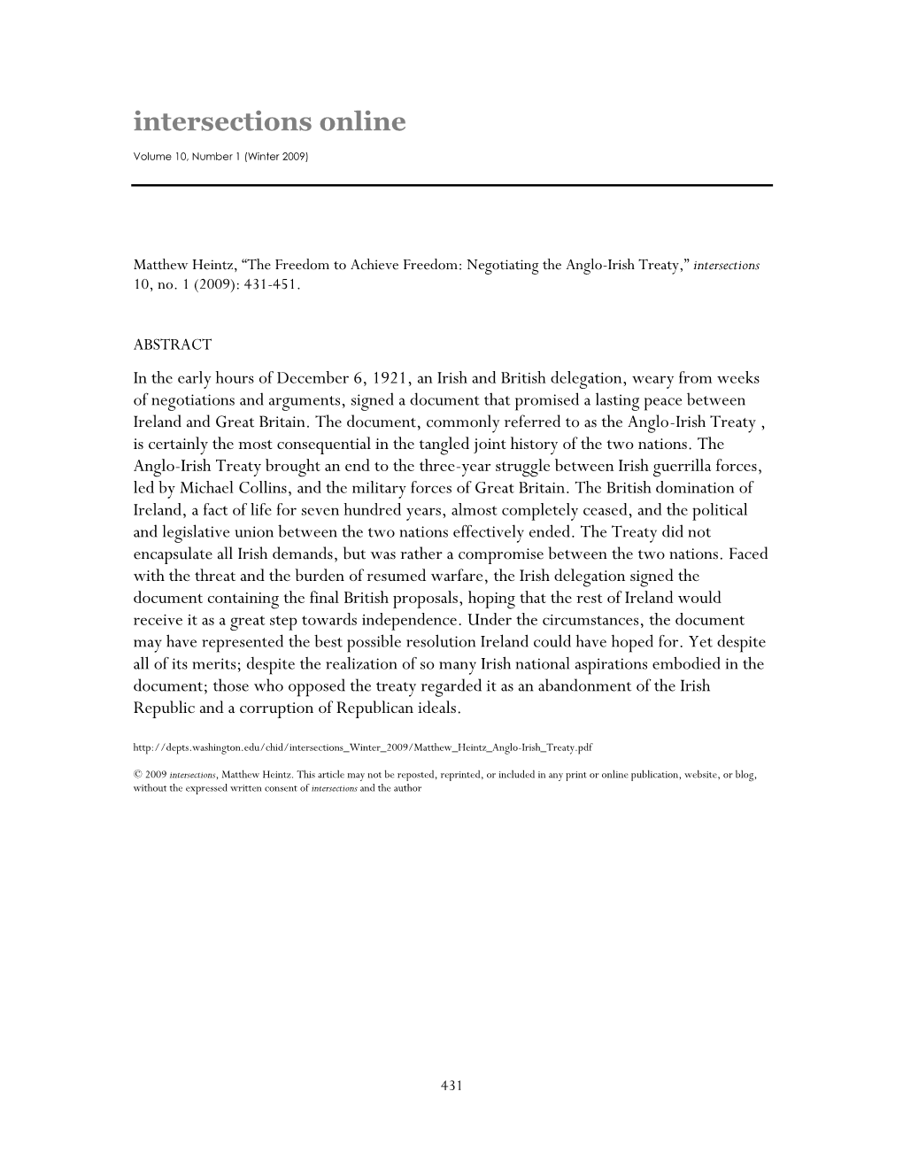 Negotiating the Anglo-Irish Treaty,” Intersections 10, No