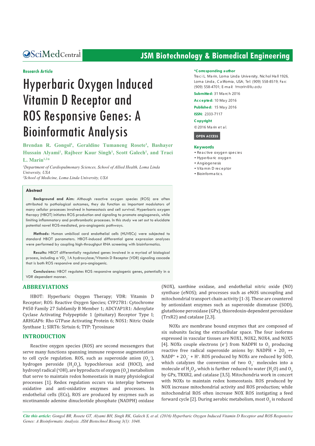Hyperbaric Oxygen Induced Vitamin D Receptor and ROS Responsive Genes: a Bioinformatic Analysis