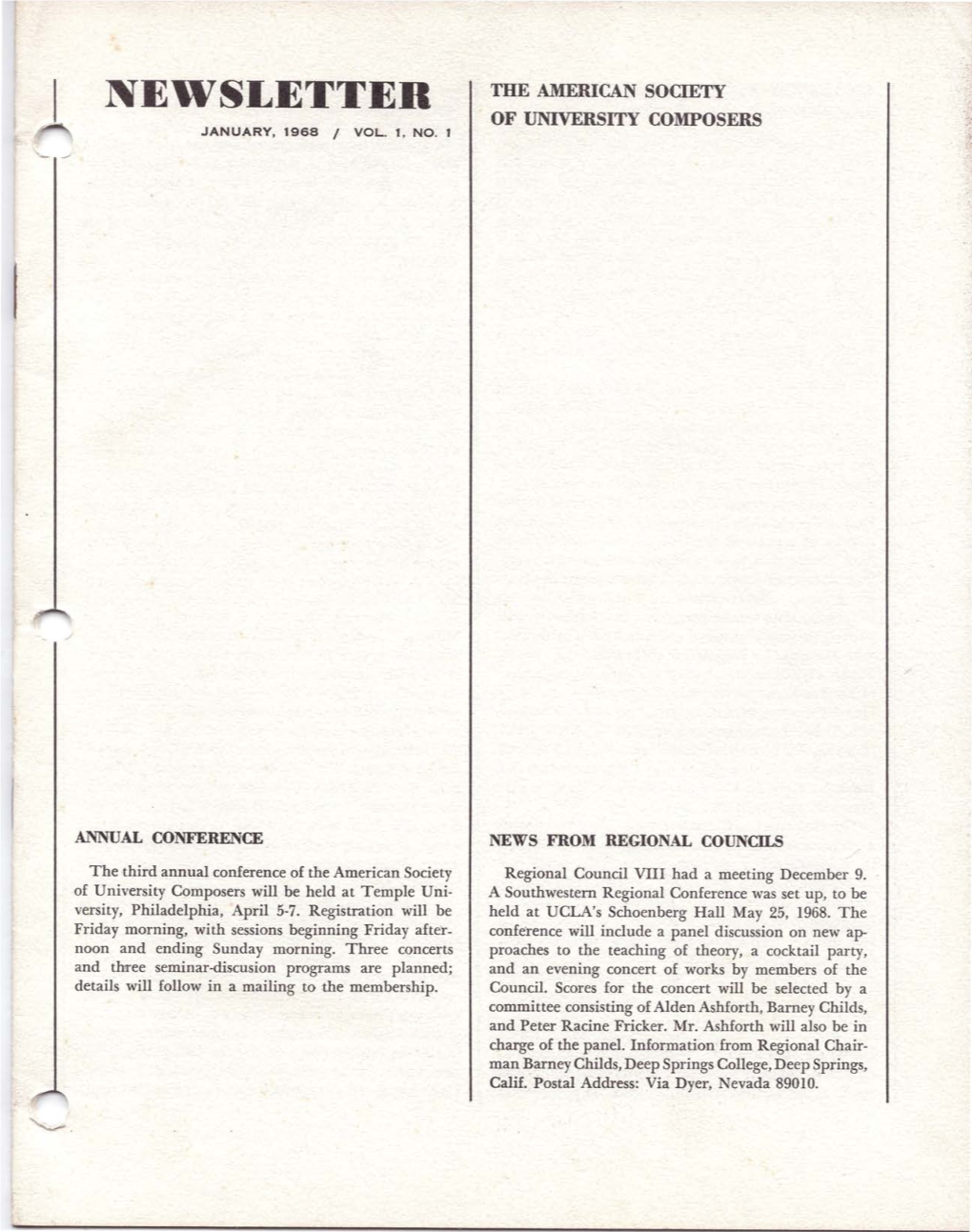 Newsletter the American Society of University Composers January, 1968 / Vol