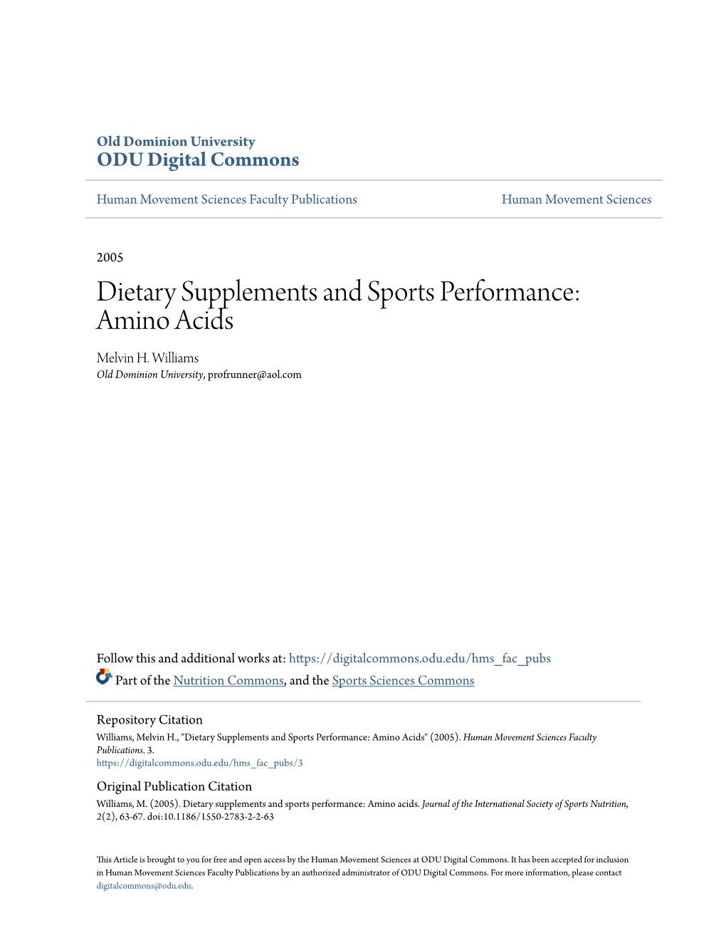 Dietary Supplements and Sports Performance: Amino Acids Melvin H