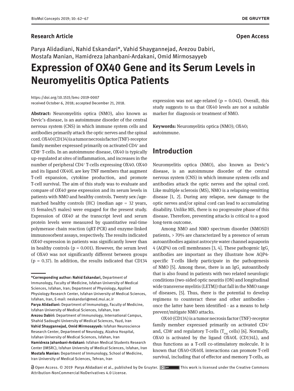 Expression of OX40 Gene and Its Serum Levels in Neuromyelitis Optica Patients 63