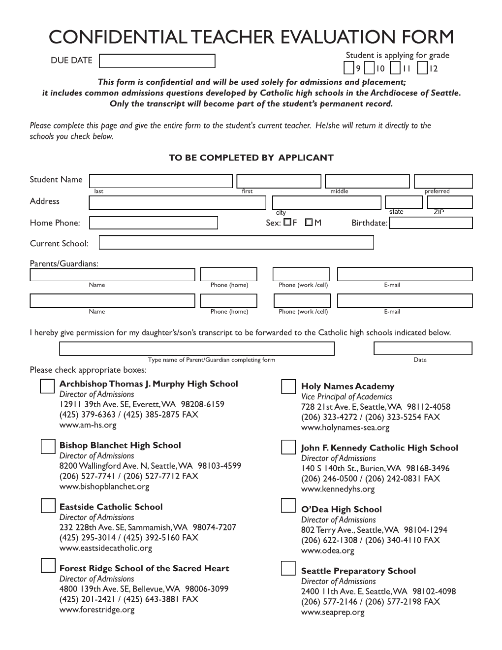 Confidential Teacher Evaluation Form