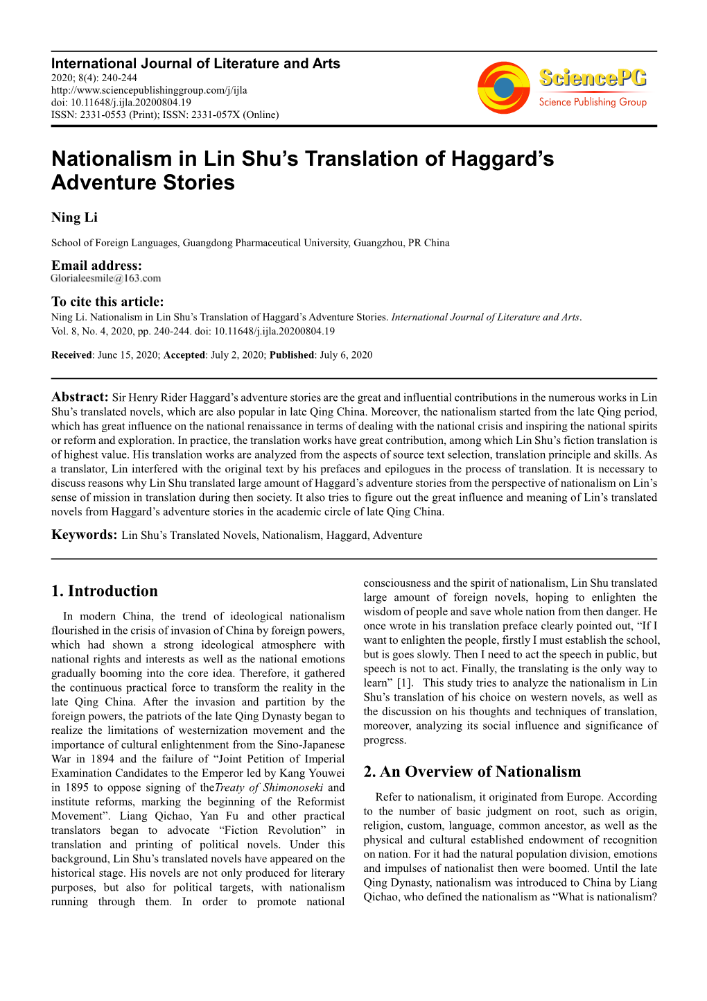 Nationalism in Lin Shu's Translation of Haggard's Adventure Stories