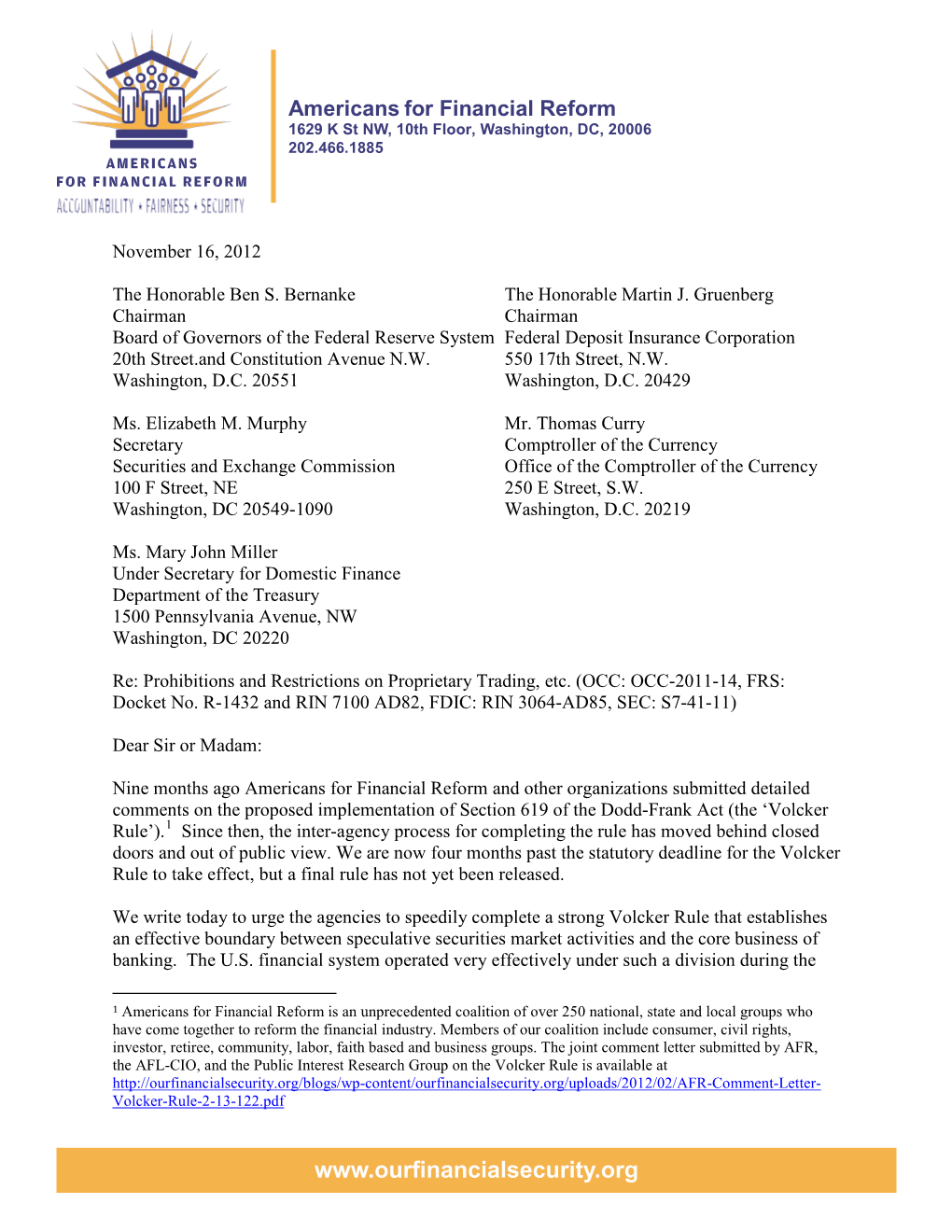 Americans for Financial Reform 1629 K St NW, 10Th Floor, Washington, DC, 20006 202.466.1885