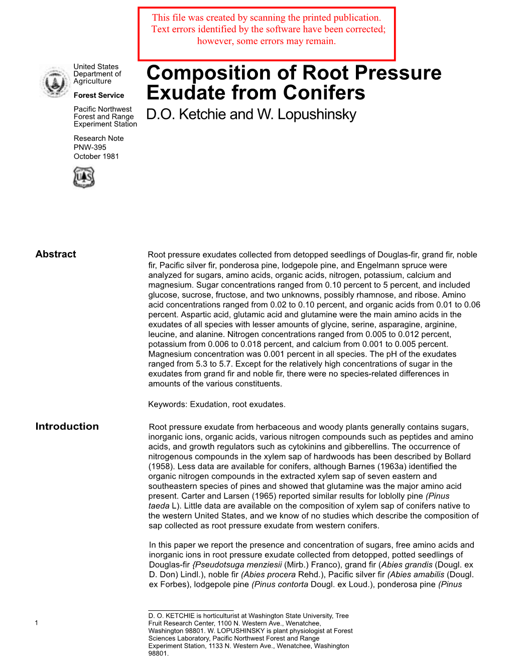 Composition of Root Pressure Exudate from Conifers