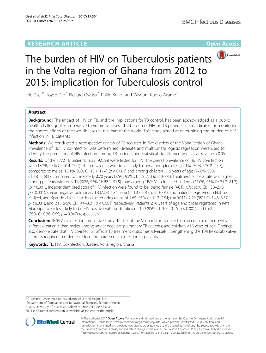 The Burden of HIV on Tuberculosis Patients in the Volta Region Of