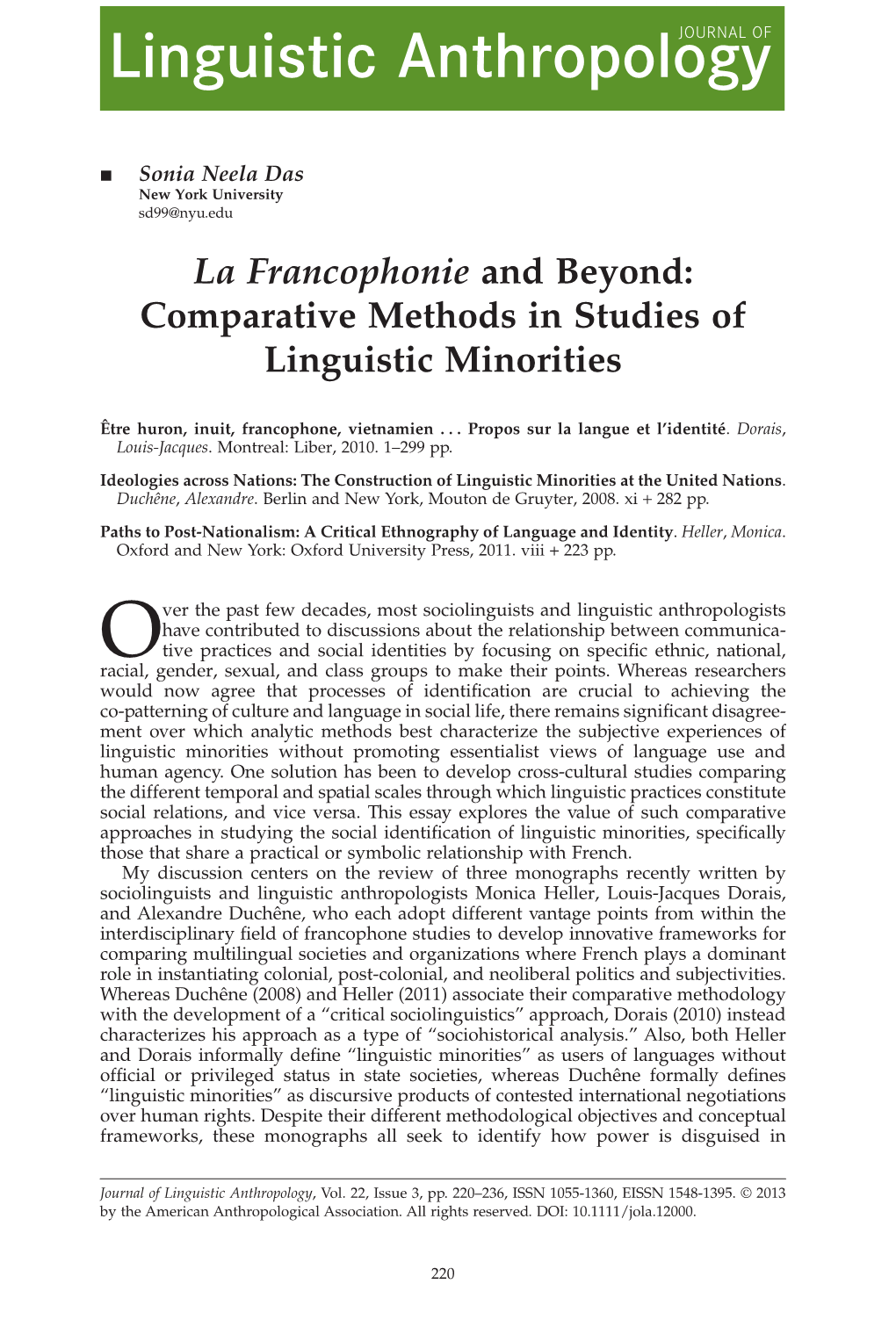 La Francophonie and Beyond: Comparative Methods in Studies of Linguistic Minorities