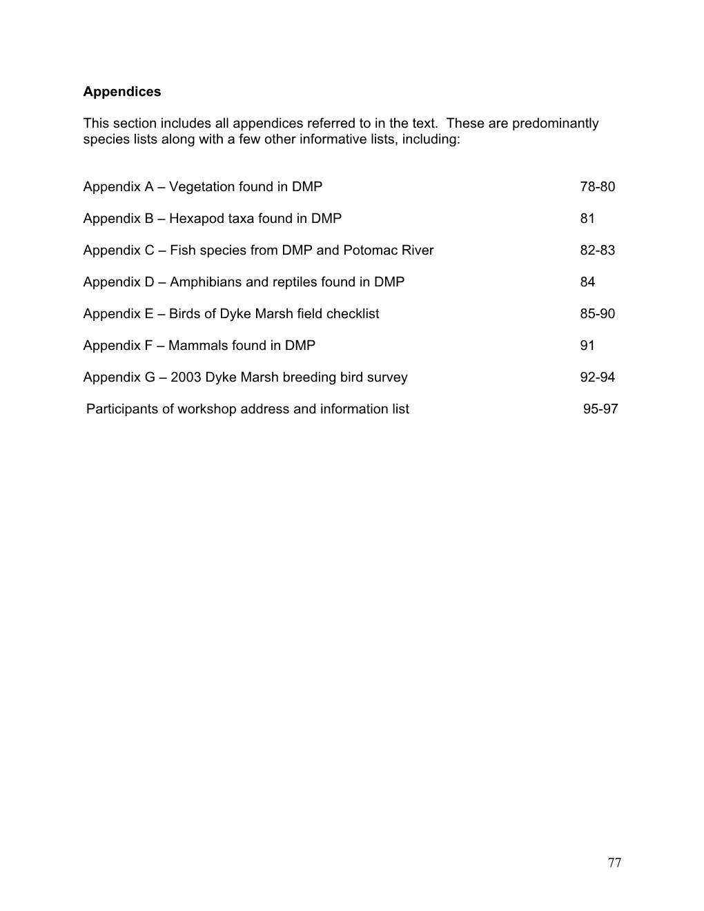 Appendix a – Vegetation Found in DMP 78-80