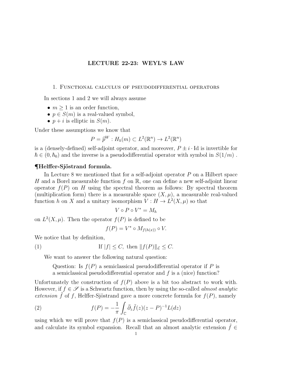 WEYL's LAW 1. Functional Calculus of Pseudodifferential Operators In