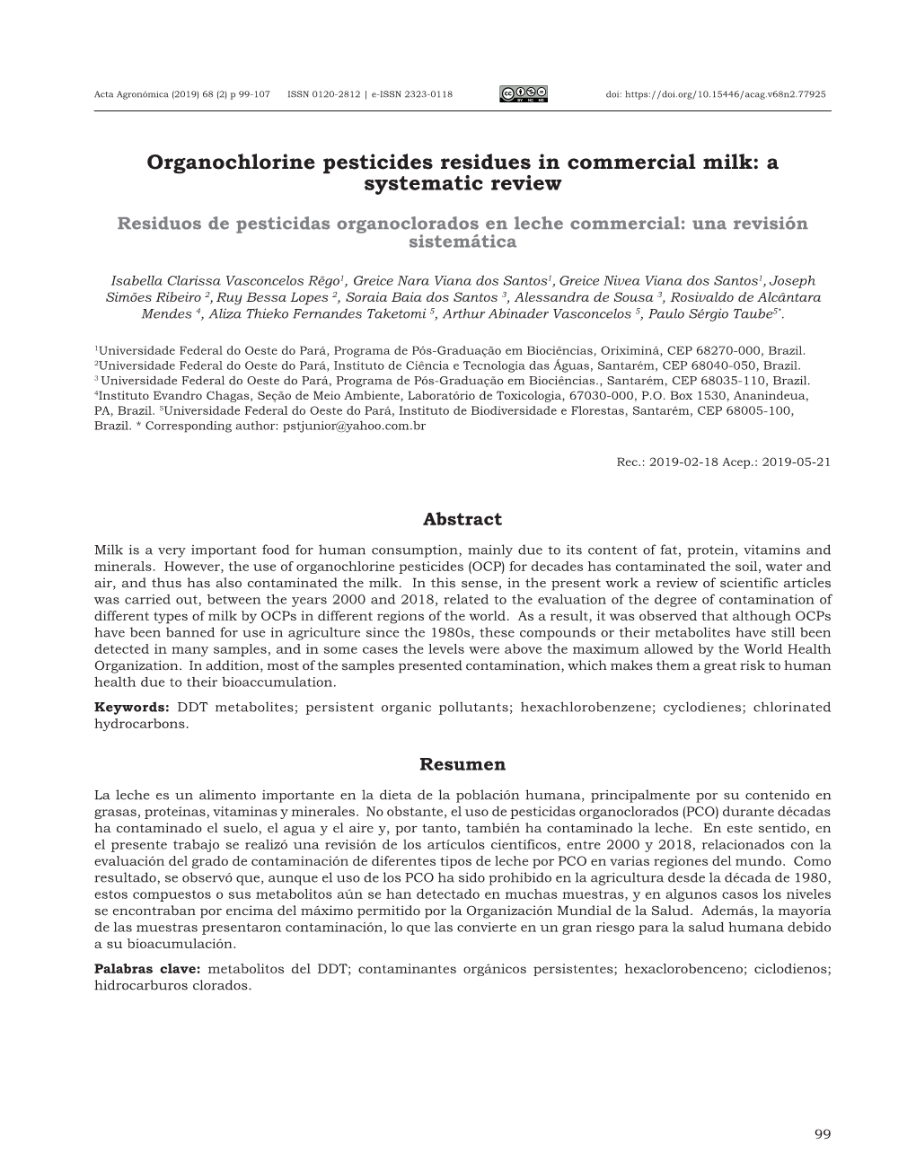 Organochlorine Pesticides Residues in Commercial Milk: a Systematic Review