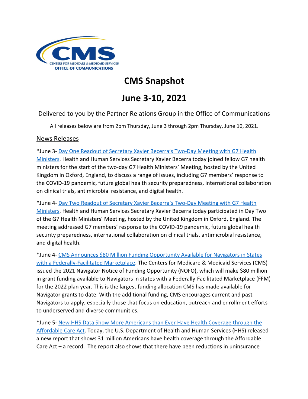 CMS Snapshot June 3-10, 2021 (PDF)