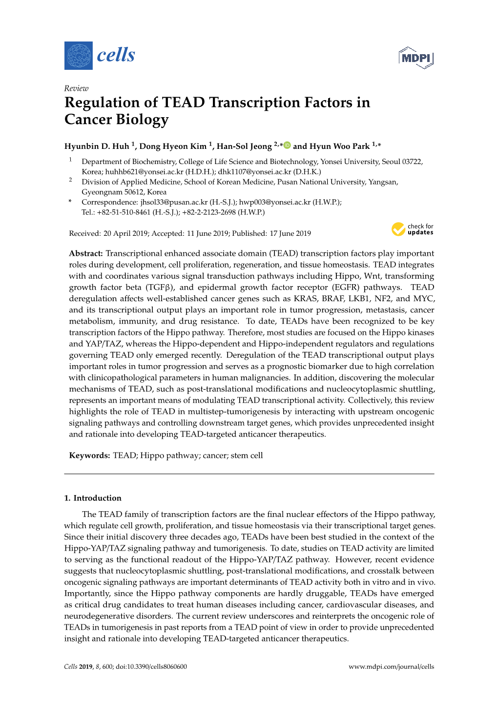 Regulation of TEAD Transcription Factors in Cancer Biology