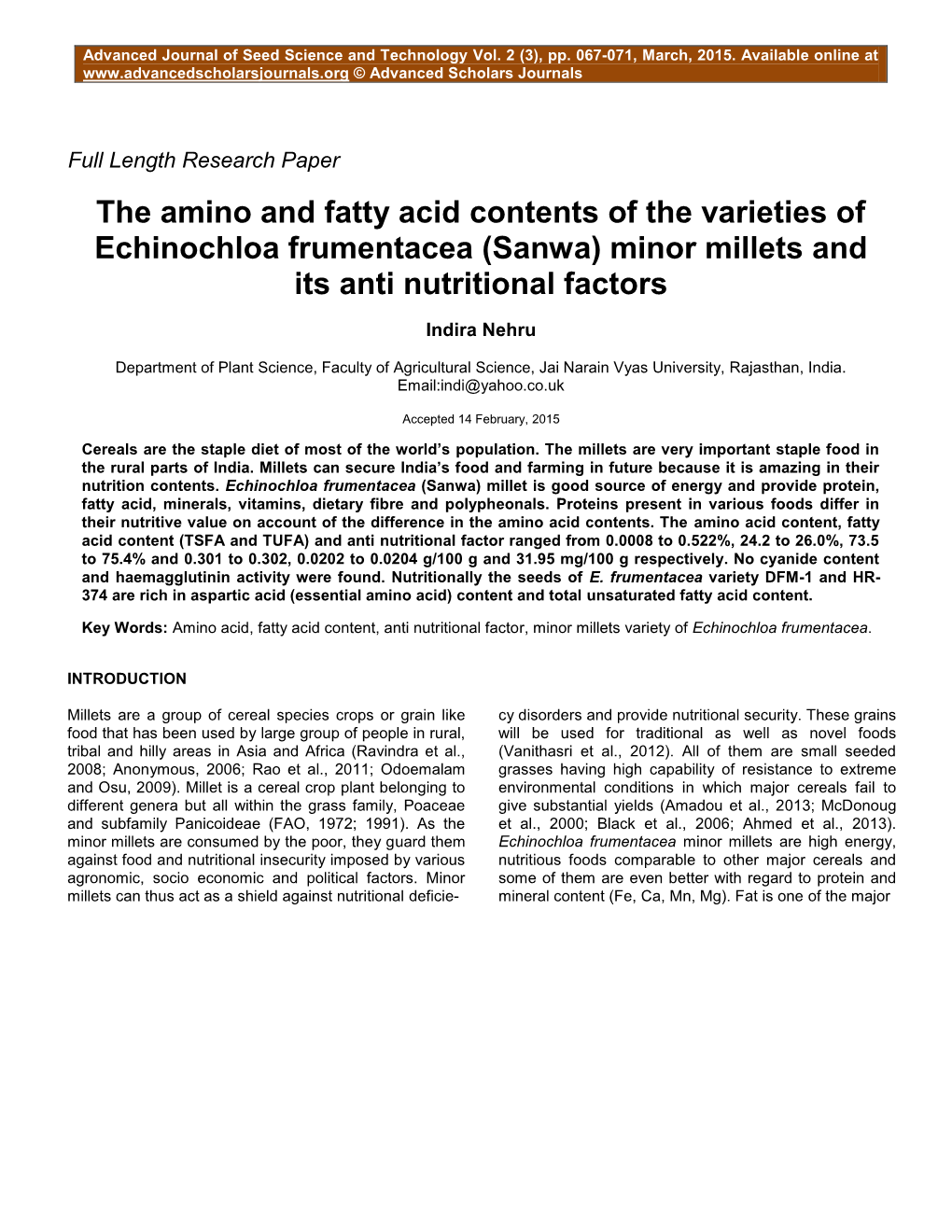 The Amino and Fatty Acid Contents of the Varieties of Echinochloa Frumentacea (Sanwa) Minor Millets and Its Anti Nutritional Factors