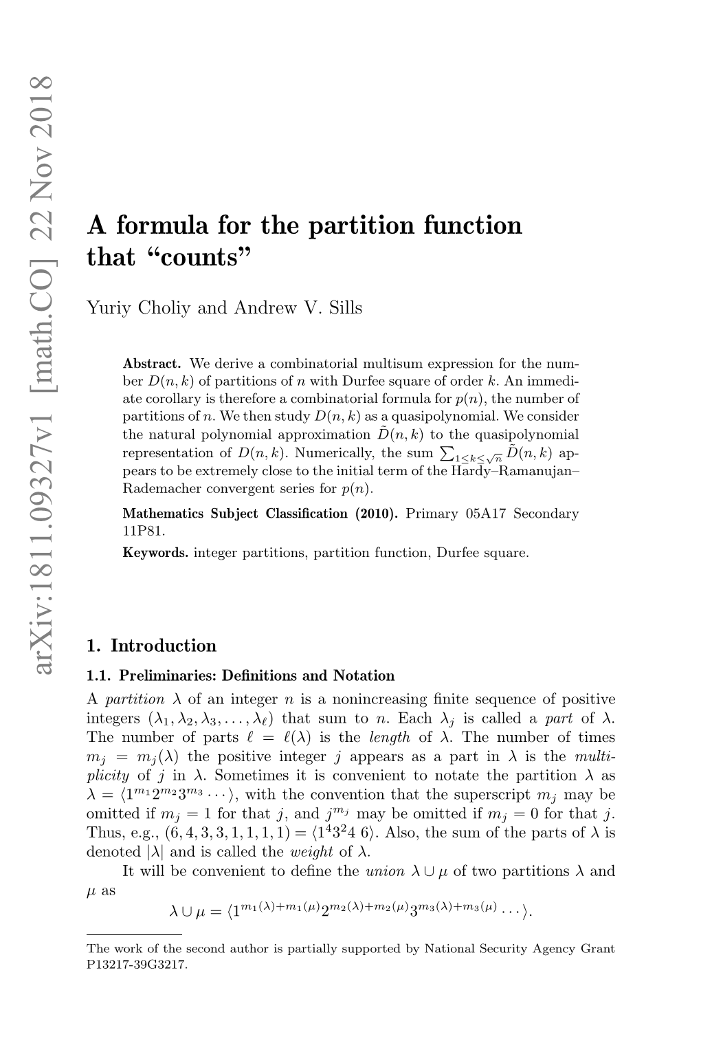 A Formula for the Partition Function That