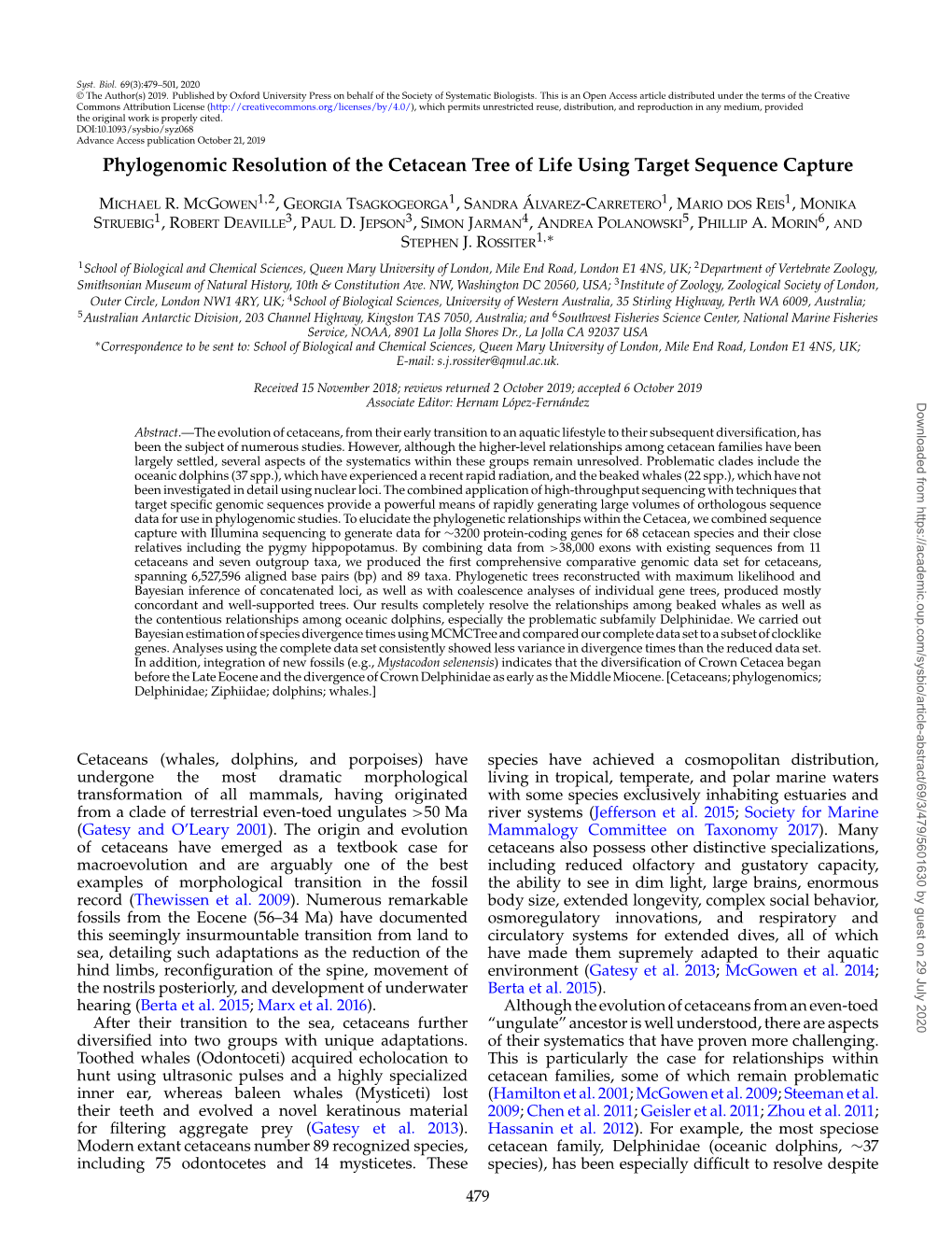 Phylogenomic Resolution of the Cetacean Tree of Life Using Target Sequence Capture