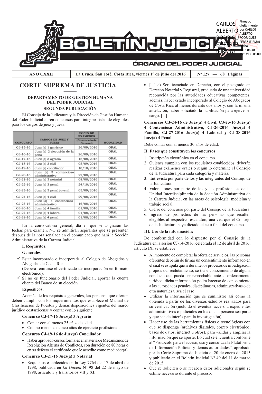 BOLETÍN JUDICIAL N° 127 De La Fecha 01 07 2016