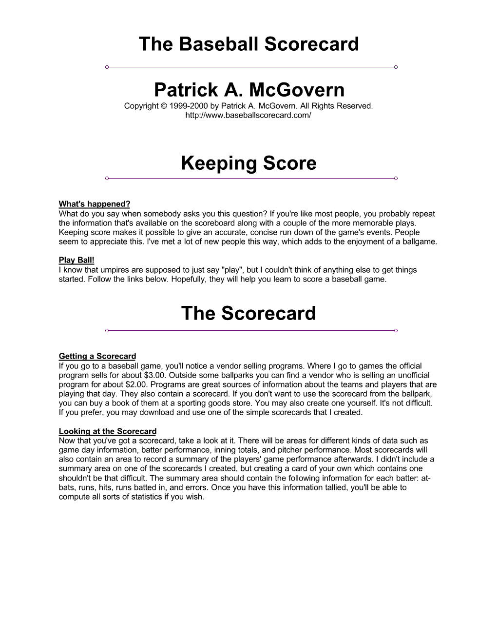 The Baseball Scorecard Patrick A. Mcgovern Keeping Score The