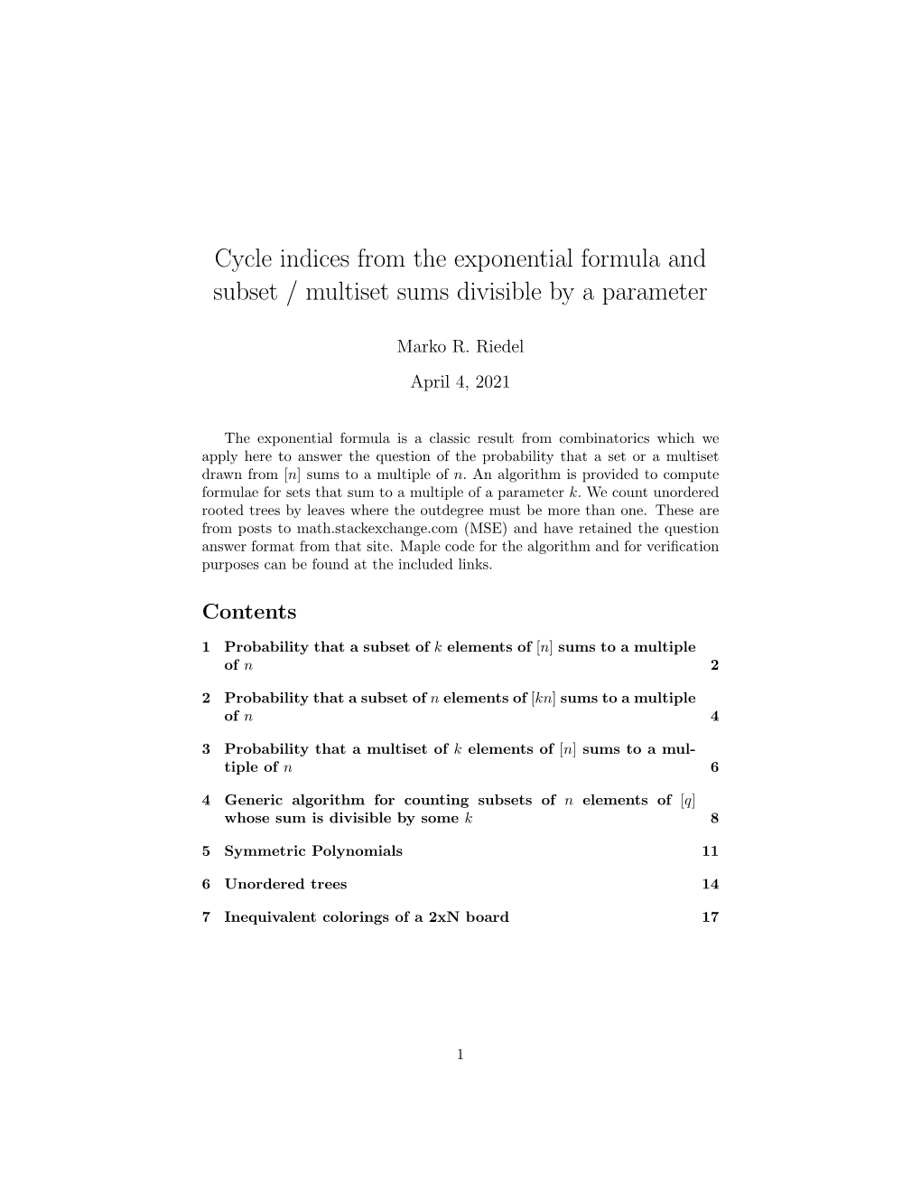 Cycle Indices from the Exponential Formula and Subset / Multiset Sums Divisible by a Parameter