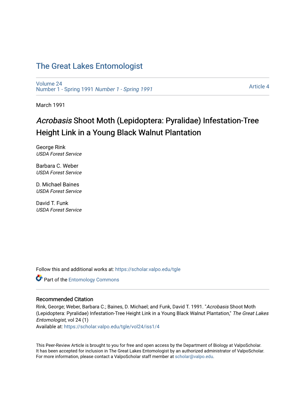 Acrobasis Shoot Moth (Lepidoptera: Pyralidae) Infestation-Tree Height Link in a Young Black Walnut Plantation