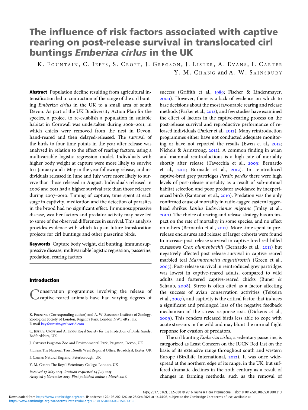 The Influence of Risk Factors Associated with Captive Rearing on Post-Release Survival in Translocated Cirl Buntings Emberiza Cirlus in the UK