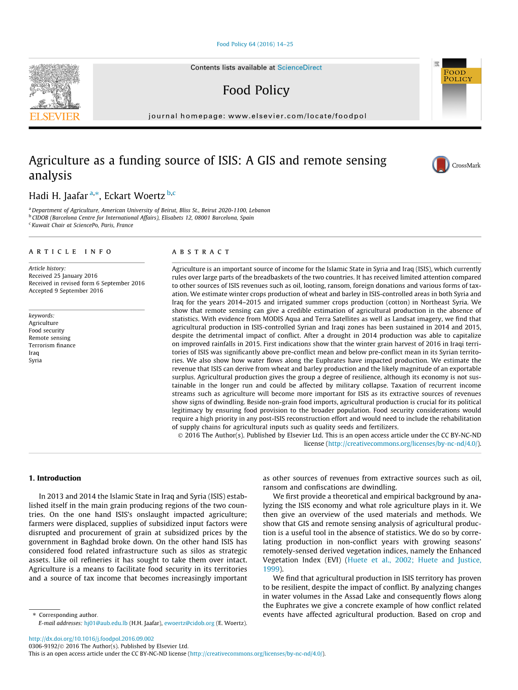 Agriculture As a Funding Source of ISIS: a GIS and Remote Sensing Analysis ⇑ Hadi H