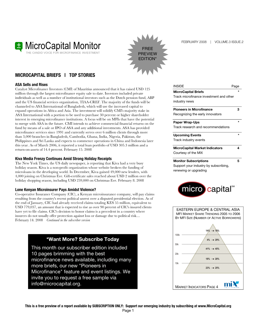 Microcapital Monitor FREE the CANDID VOICE for MICROFINANCE INVESTMENT PREVIEW EDITION*