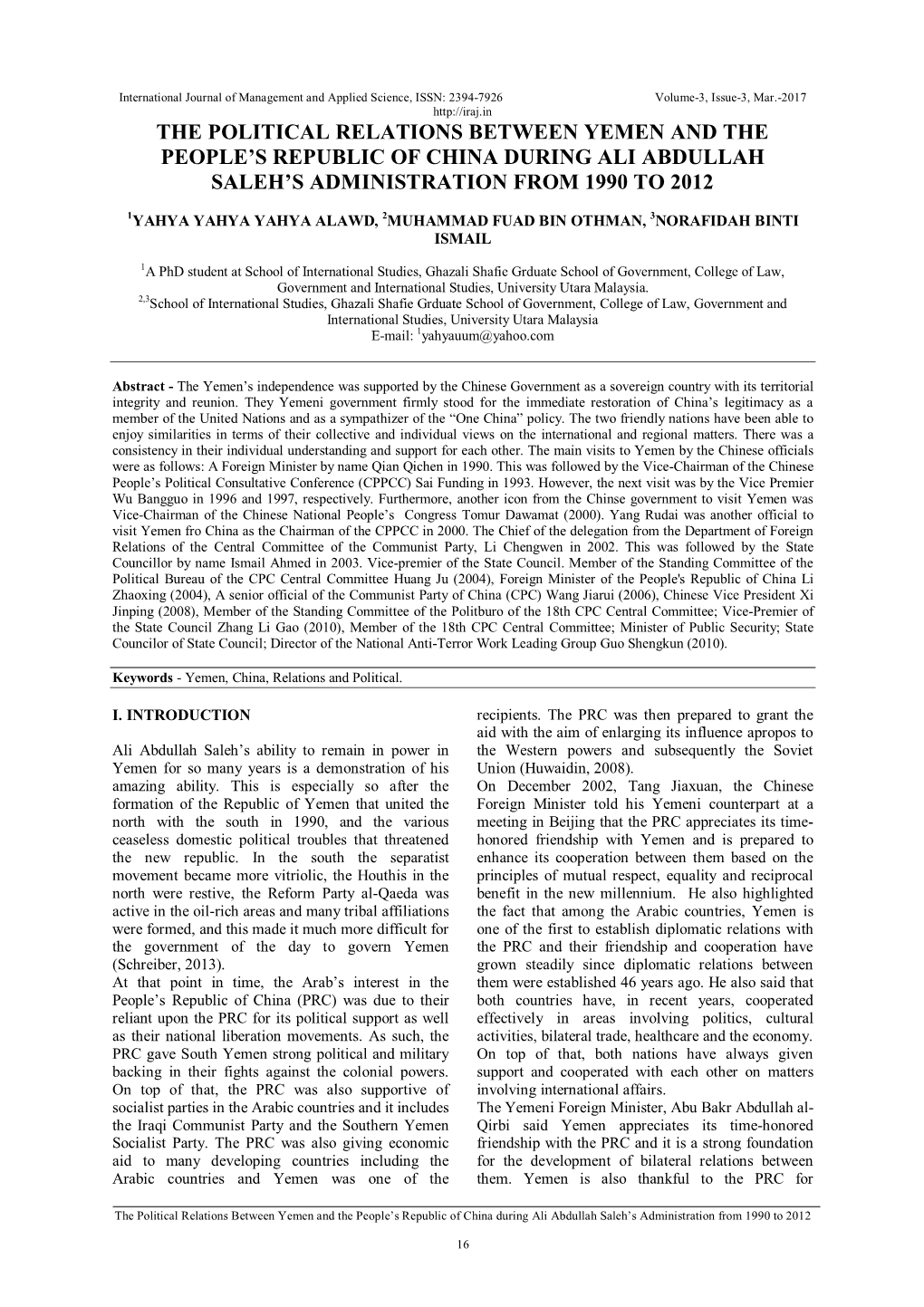 The Political Relations Between Yemen and the People’S Republic of China During Ali Abdullah Saleh’S Administration from 1990 to 2012