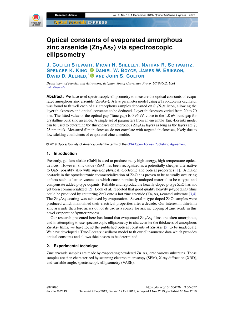 Optical Constants of Evaporated Amorphous Zinc Arsenide (Zn 3 As 2