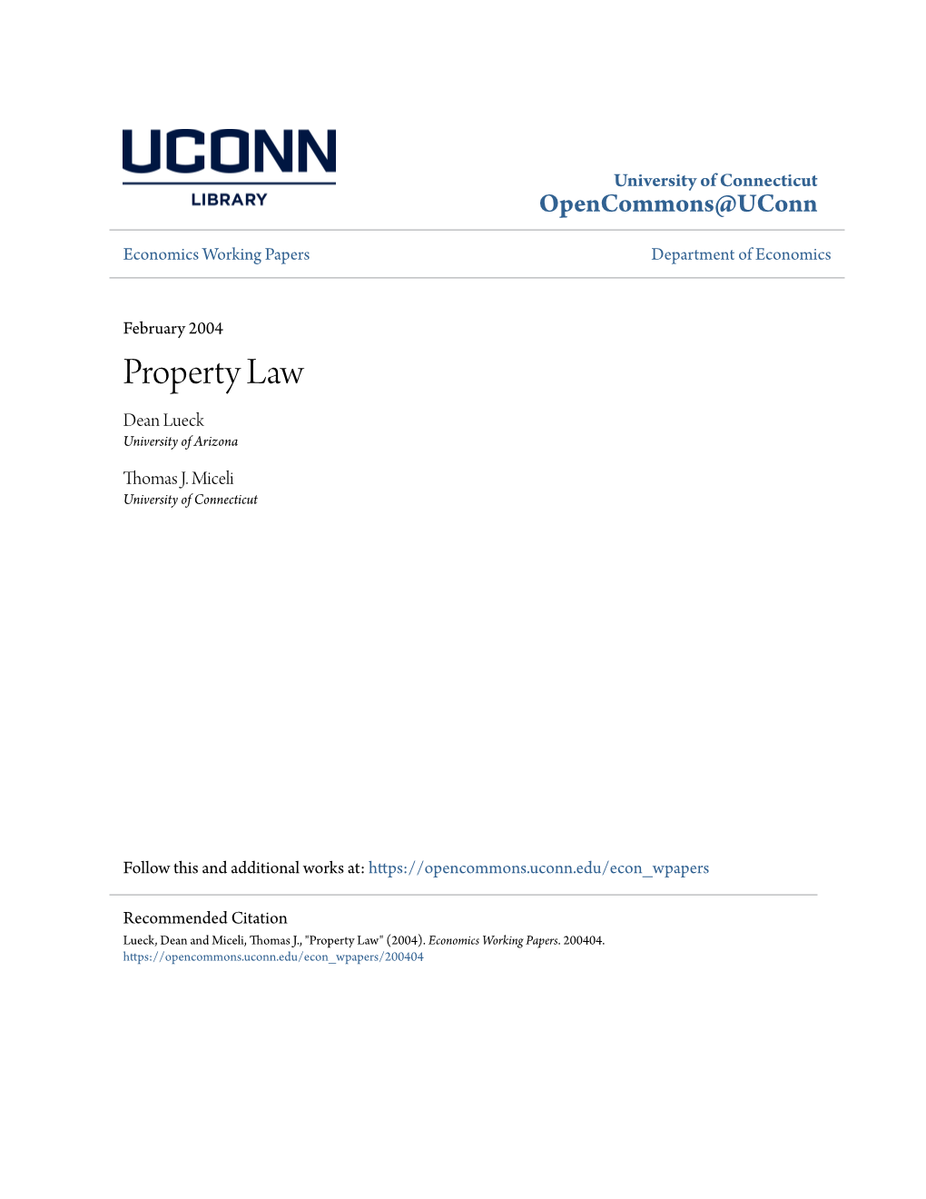 Property Law Dean Lueck University of Arizona