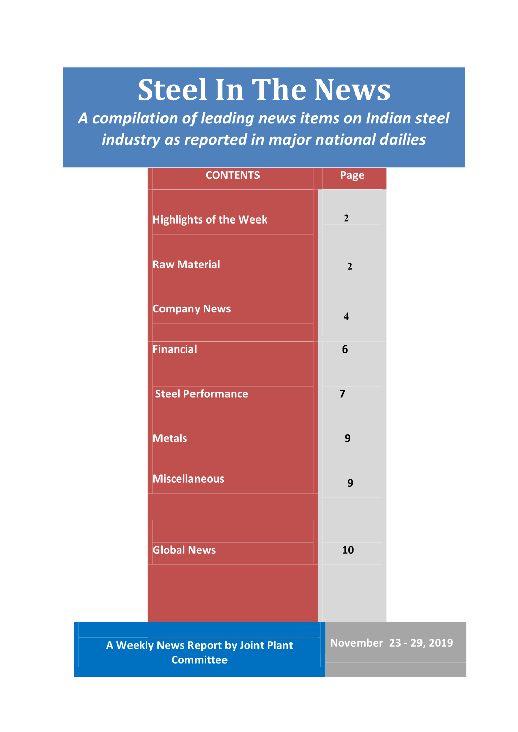 Steel in the News a Compilation of Leading News Items on Indian Steel