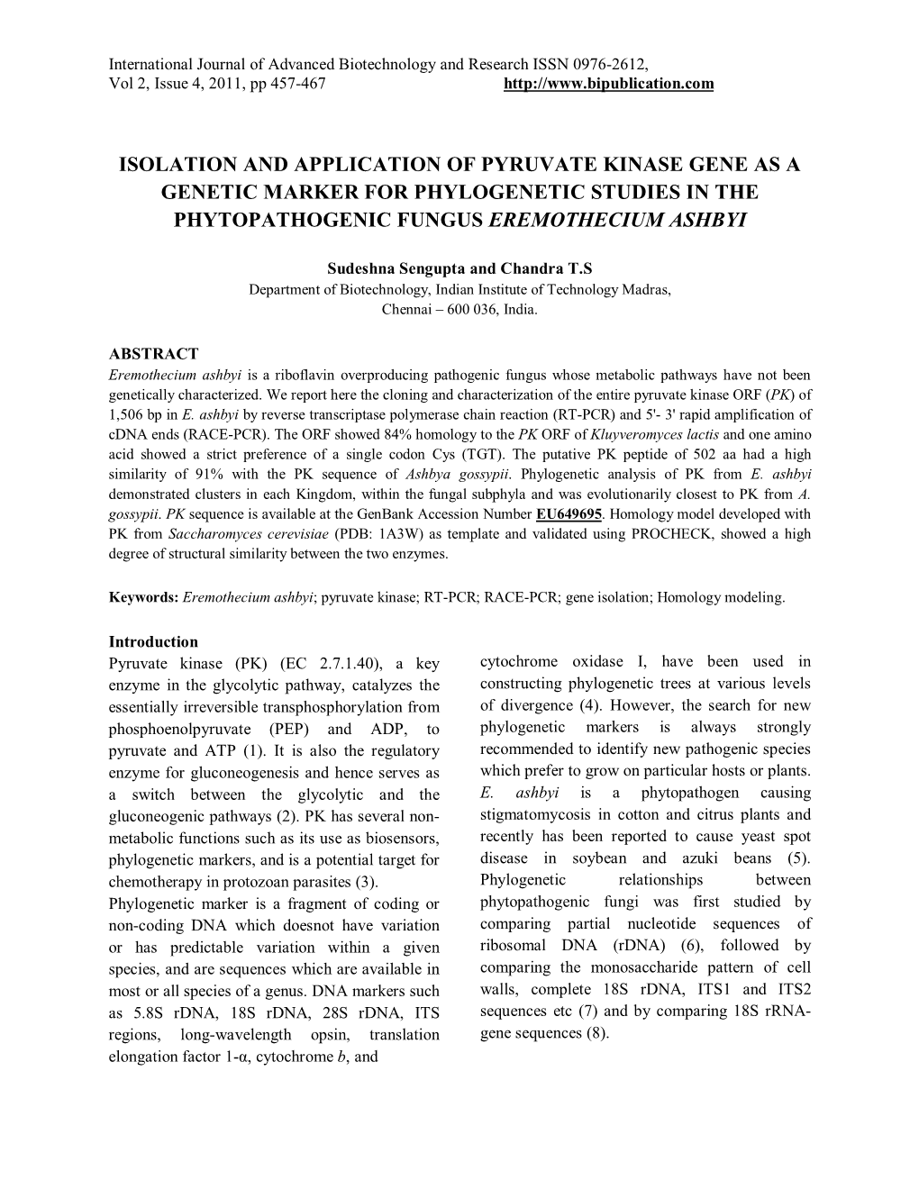 Isolation and Application of Pyruvate Kinase Gene As a Genetic Marker for Phylogenetic Studies in the Phytopathogenic Fungus Eremothecium Ashbyi